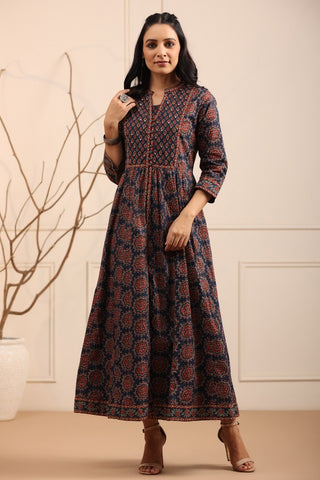 Women Blue Ethnic Motifs Printed Pure Cotton Anarkali Kurta