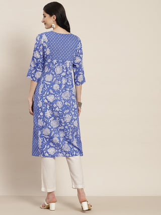 Women Blue Ethnic Motifs Printed Pure Cotton A line Kurta