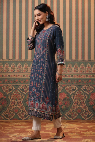 Women Blue Digital Printed Mirror Work Straight Kurta