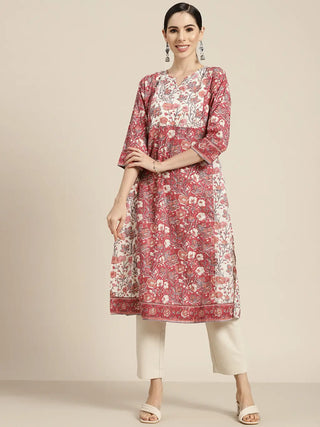 Women Rose & White Floral Printed Cotton Straight Kurta