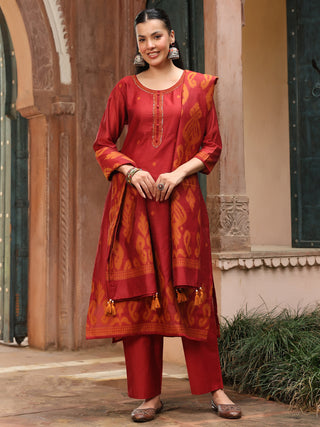 Maroon Jacquard Print 3-Piece Straight Kurta Set