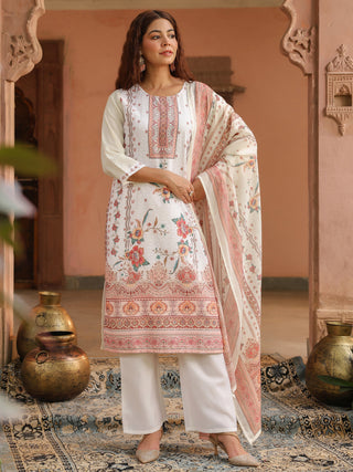 Peach Floral Print 3-Piece Straight Kurta Set
