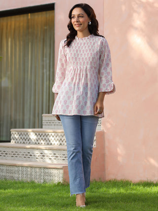 White Ethnic Motif Print Ruffle Top