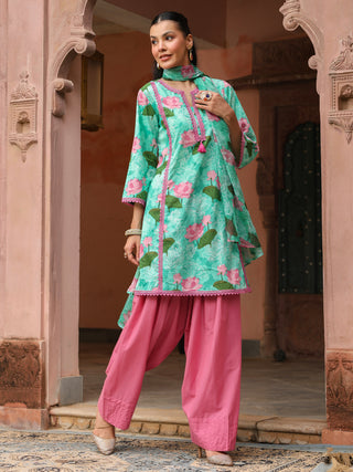 Mint Green Floral Print Straight 3-Piece Kurta Set
