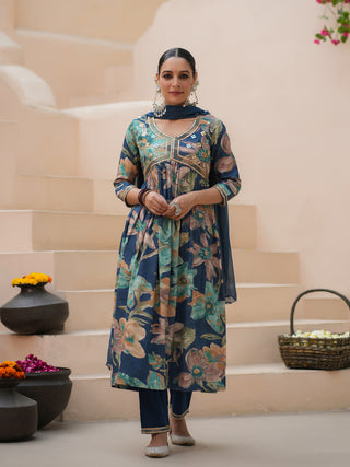 Women Blue Floral Printed Round Neck Empire Line Embroidered Kurta With Trouser And Dupatta