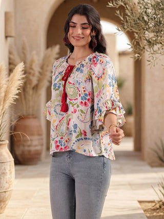 White Paisley Print Rayon Crepe Top