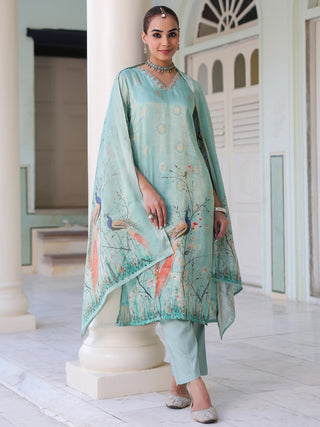 Ethnic Motifs Printed Zari Chanderi Cotton Kurta With Trousers & Dupatta