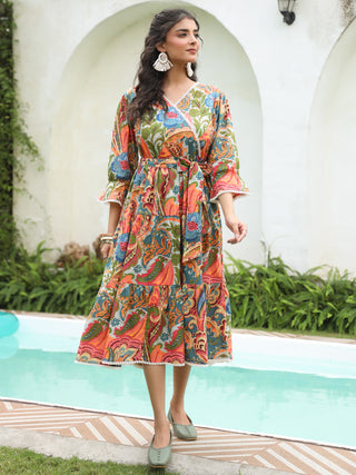 Women Ethnic Motifs Printed V-Neck Fit and Flare Ethnic Dress