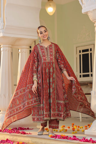 Women Ethnic Motifs Printed Pleated Pure Cotton Kurta with Trousers & With Dupatta