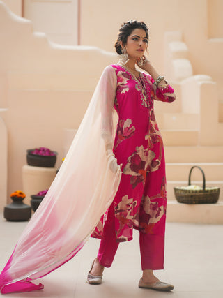 Floral Printed Cotton Silk Mirror Work Kurta With Trousers & Dupatta