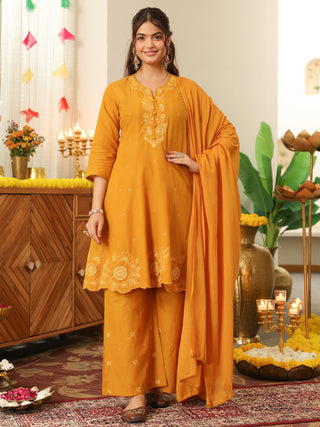 Mustard Embroidered Cotton A-Line Kurta Set