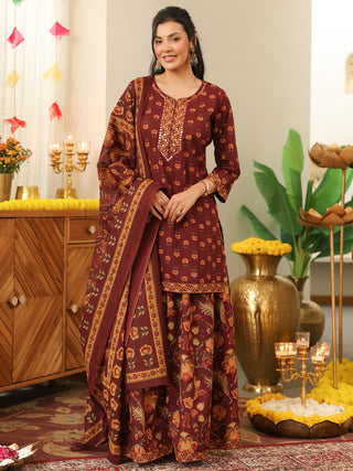 Brown Floral Print Cotton Straight Kurta Set