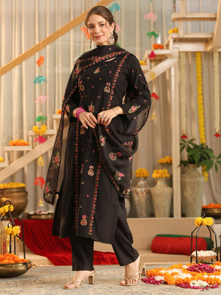 Black Embroidered Poly Silk Straight Kurta Set