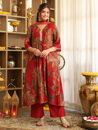 Maroon Floral Chanderi A-Line Kurta Set with Pocket