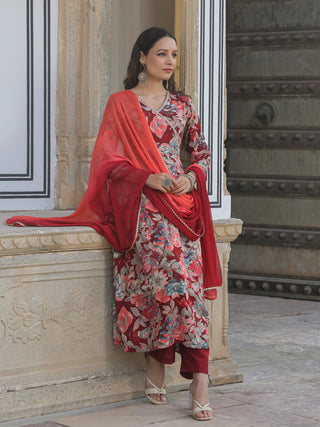 Women Maroon Floral Printed A-line Kurta With Solid Trouser And Dyed Dupatta