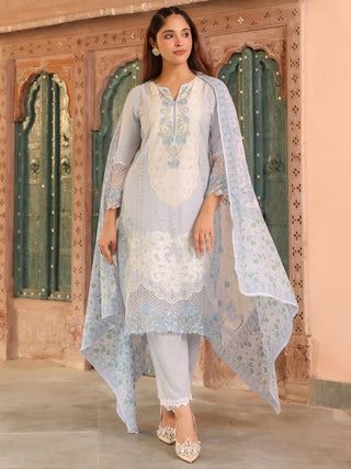 Blue Floral Embroidered Lace 3-Piece Straight Kurta Set