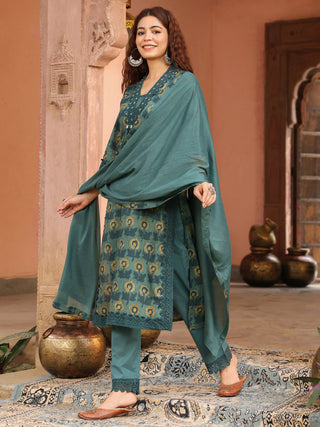 Teal Floral Print 3-Piece Straight Kurta Set