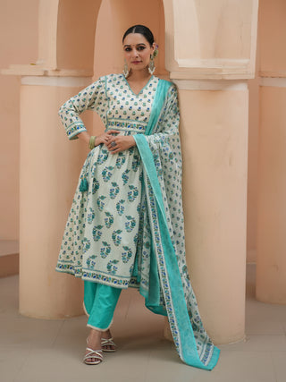 Women Teal Floral Printed Pure Cotton A-line Kurta With Solid Trouser And With Printed Dupatta