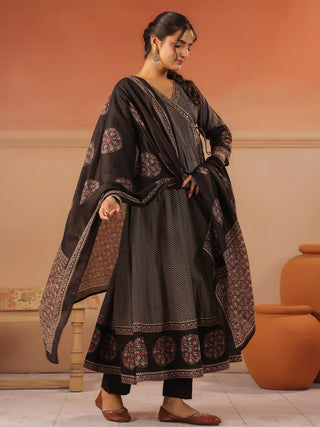 Black cotton chevron printed anarkali kurta set with solid trouser and printed cotton dupatta