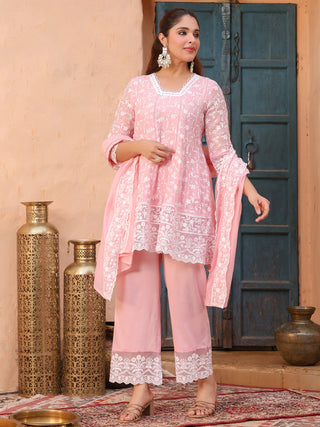 Pink Floral Embroidered Lace 3-Piece Straight Kurta Set