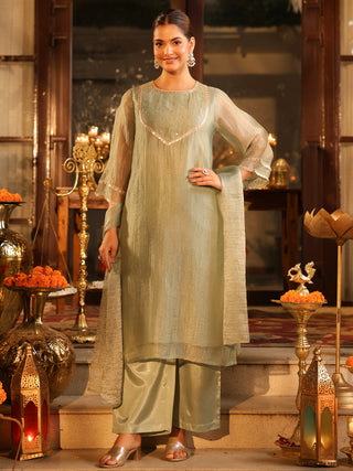 Dusty Blue Sequin Tissue A-Line Kurta Set with Pocket