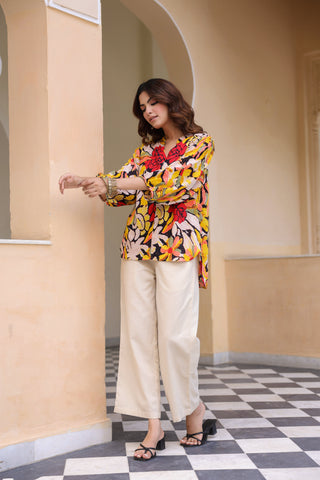 Printed Mandarin Collar Top & Trousers Co-Ords