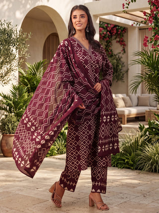 Wine Geometric Print Embroidered 3-Piece Straight Kurta Set