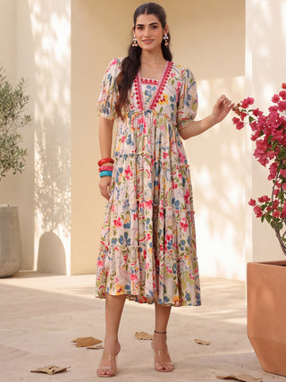 White Paisley Print Rayon Crepe Tiered Dress