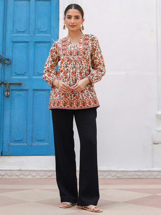 Orange Ethnic Motif Print Lace Top
