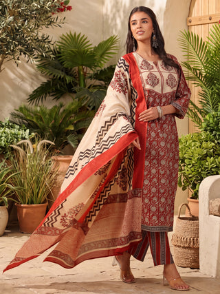 Maroon Printed Embroidered 3-Piece Kurta Set