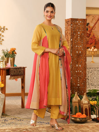 Yellow Beaded Chanderi Anarkali Kurta Set with Pocket