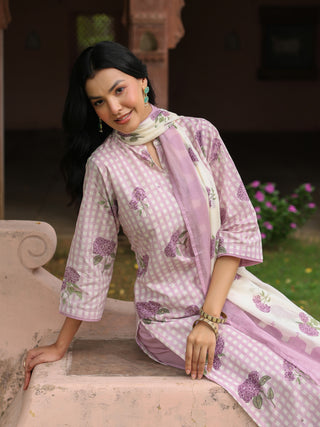 Purple Floral Print 3-Piece Straight Kurta Set