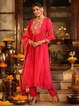 Pink Embroidered Anarkali Kurta Set with Pocket