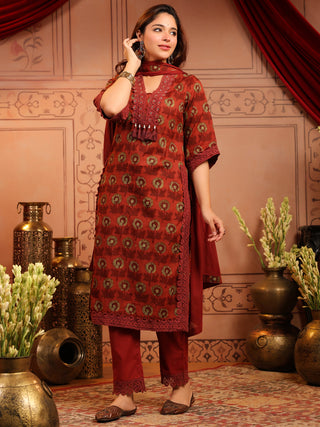 Rust Floral Print 3-Piece Straight Kurta Set