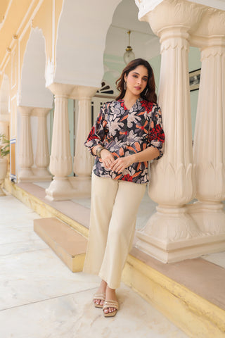 Printed Mandarin Collar Top & Trousers Co-Ords