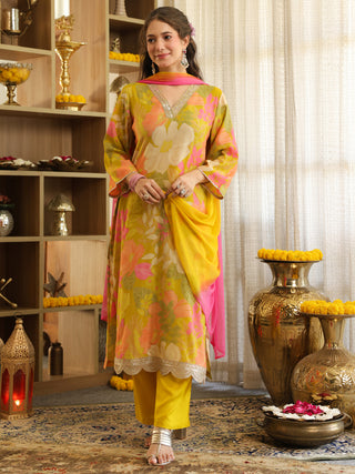 Lime Yellow Floral Print Straight Kurta Set with Pocket