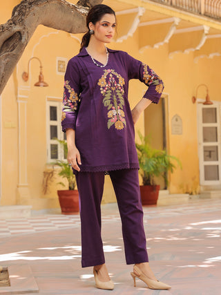Floral-Embroidered Cotton Tunic With Trouser Co-Ords