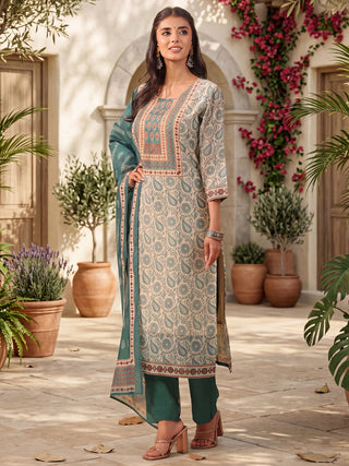 Cream Floral Print 3-Piece Kurta Set