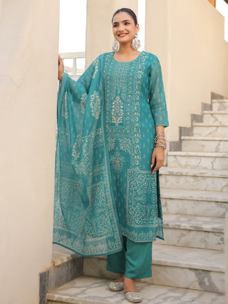 Teal Ethnic Motif Print 3-Piece Straight Kurta Set