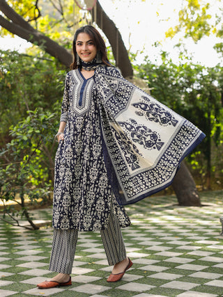 Women Navy Blue Ikat Printed Pure Cotton Straight Kurta With Printed Trouser And Printed Dupatta