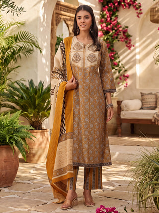 Mustard Printed Embroidered 3-Piece Kurta Set