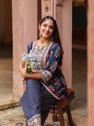 Navy Blue Mughal Print Straight 2-Piece Kurta Set