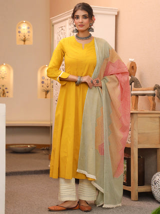 Mustard Solid Lace 3-Piece Kurta Set