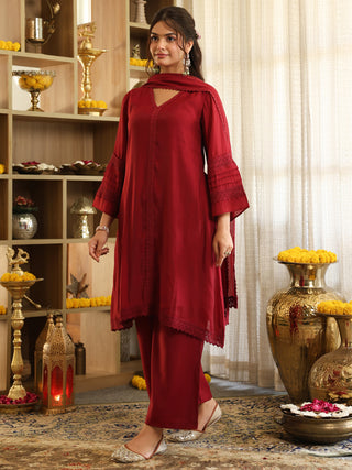 Maroon Lace Chanderi A-Line Kurta Set with Pocket