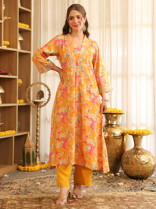 Mustard Floral Print Rayon A-Line Kurta Set with Pocket