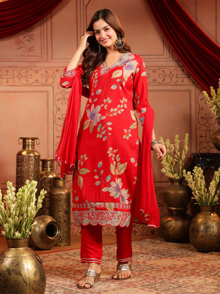 Women Ethnic Motifs Printed Regular Thread Work Kurta with Trousers & With Dupatta