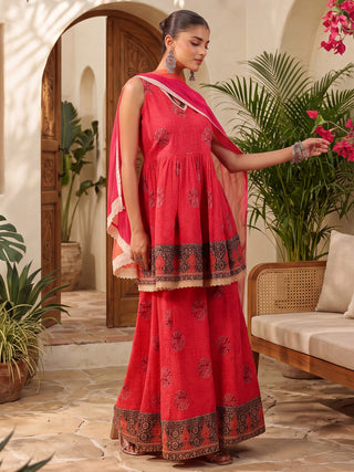 Women Ethnic Motifs Printed Empire Pure Cotton Kurta with Sharara & With Dupatta