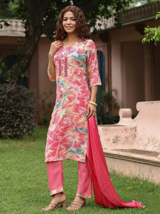 Pink Floral Embroidered 3-Piece Straight Kurta Set