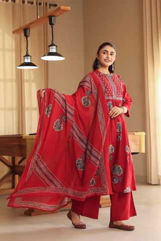 Women Ethnic Motifs Printed Regular Thread Work Pure Cotton Kurta with Trousers & With Dupatta