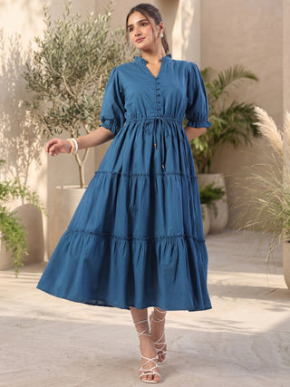 Teal Solid Flared Midi Dress with V-Neck Mandarin Collar